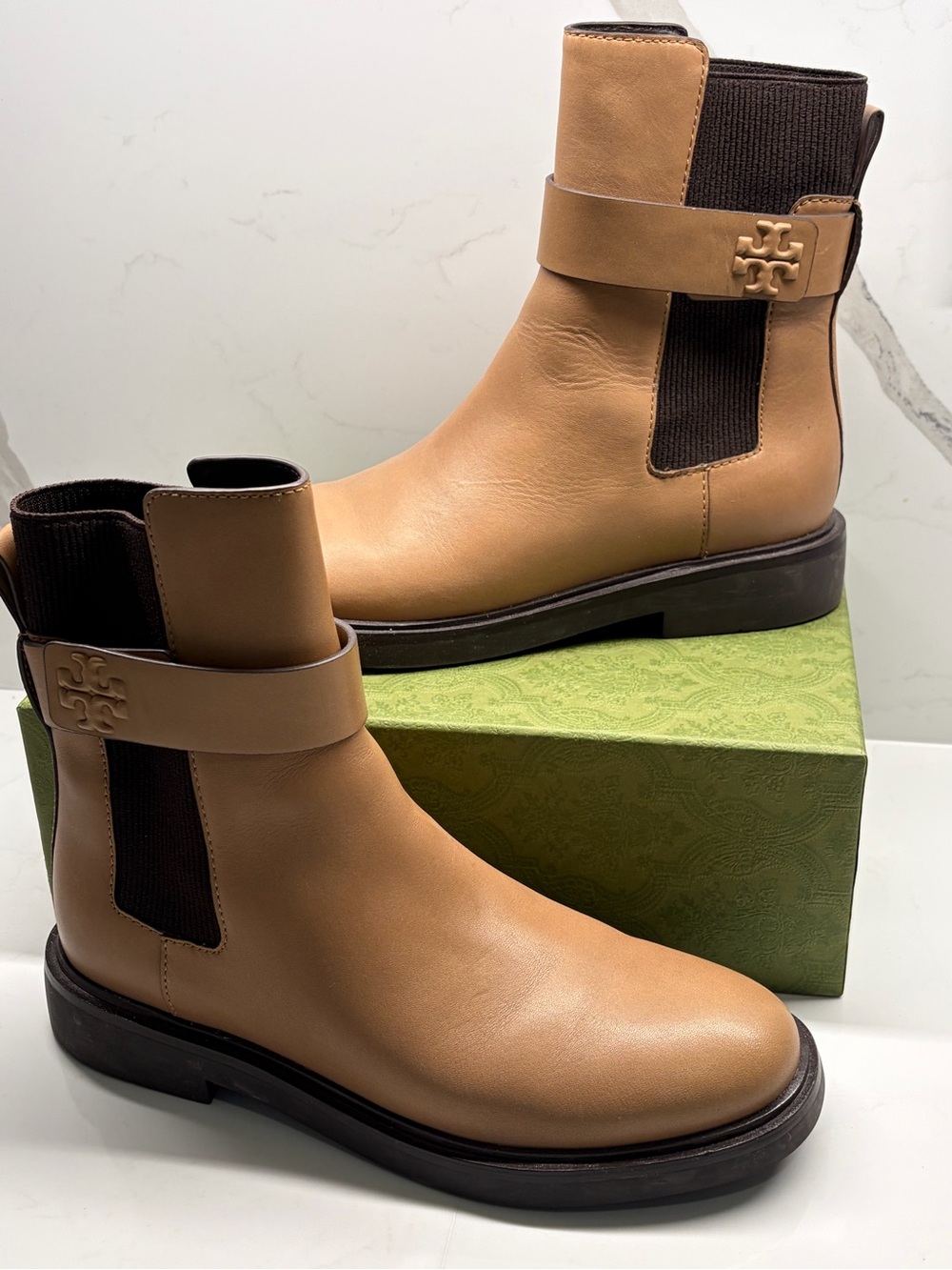 Tory Burch Camel/Tan Leather Chelsea Strap Ankle Boots